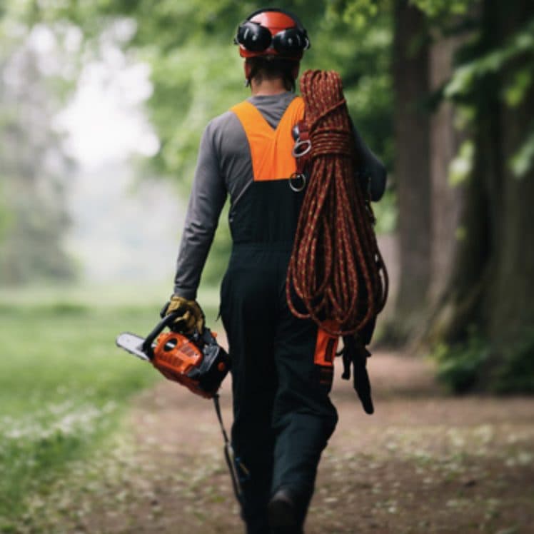 Arborist carrying a chainsaw and climbing rope in the Jim’s Trees case study