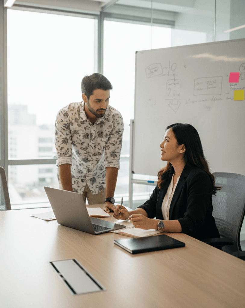 Colleagues collaborating at a workstation
