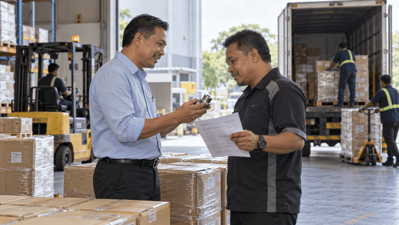 Supplier and returning buyer comparing a component in a dispatch warehouse
