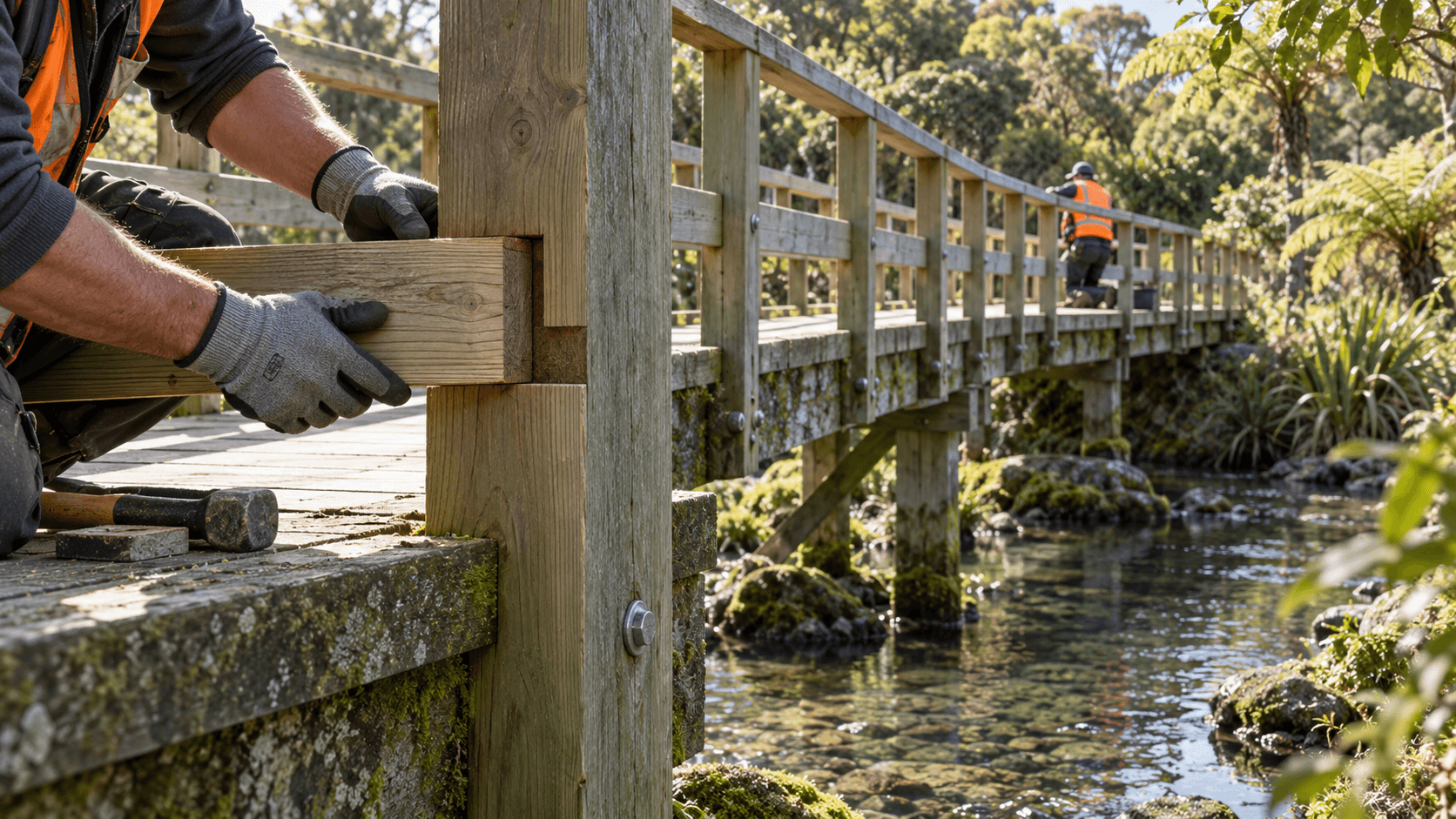 Worker aligning a timber bridge joint above a leafy New Zealand stream