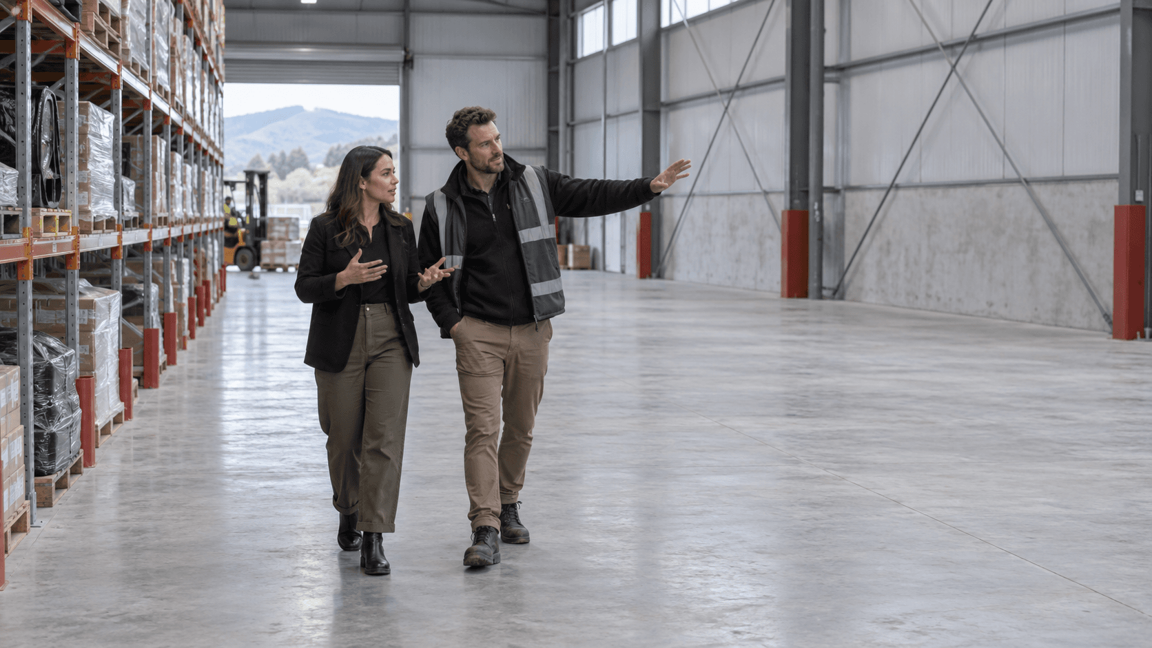 Account manager and operations lead discussing an empty warehouse extension