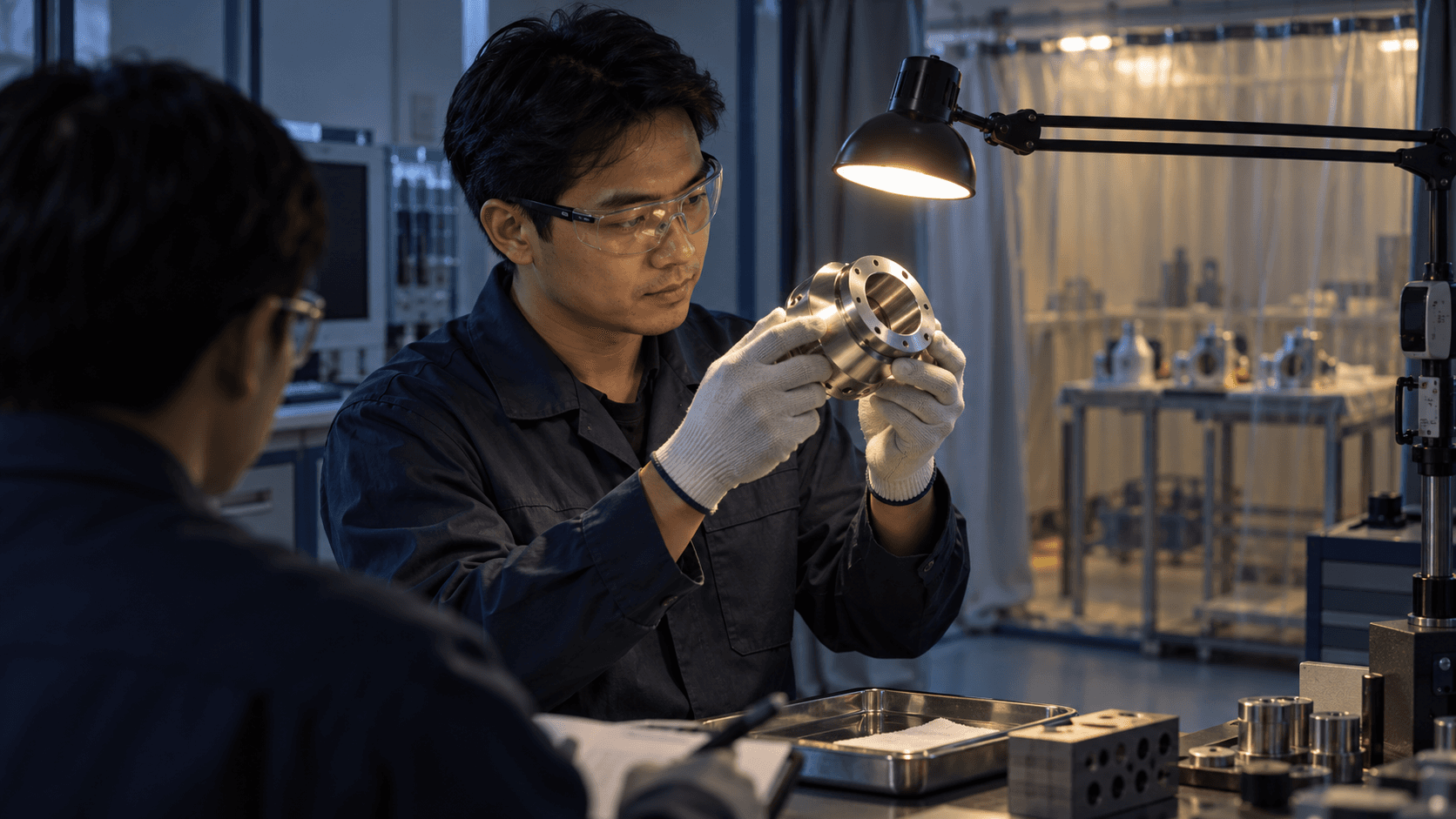 Thai engineer inspecting a metal component under a workshop lamp