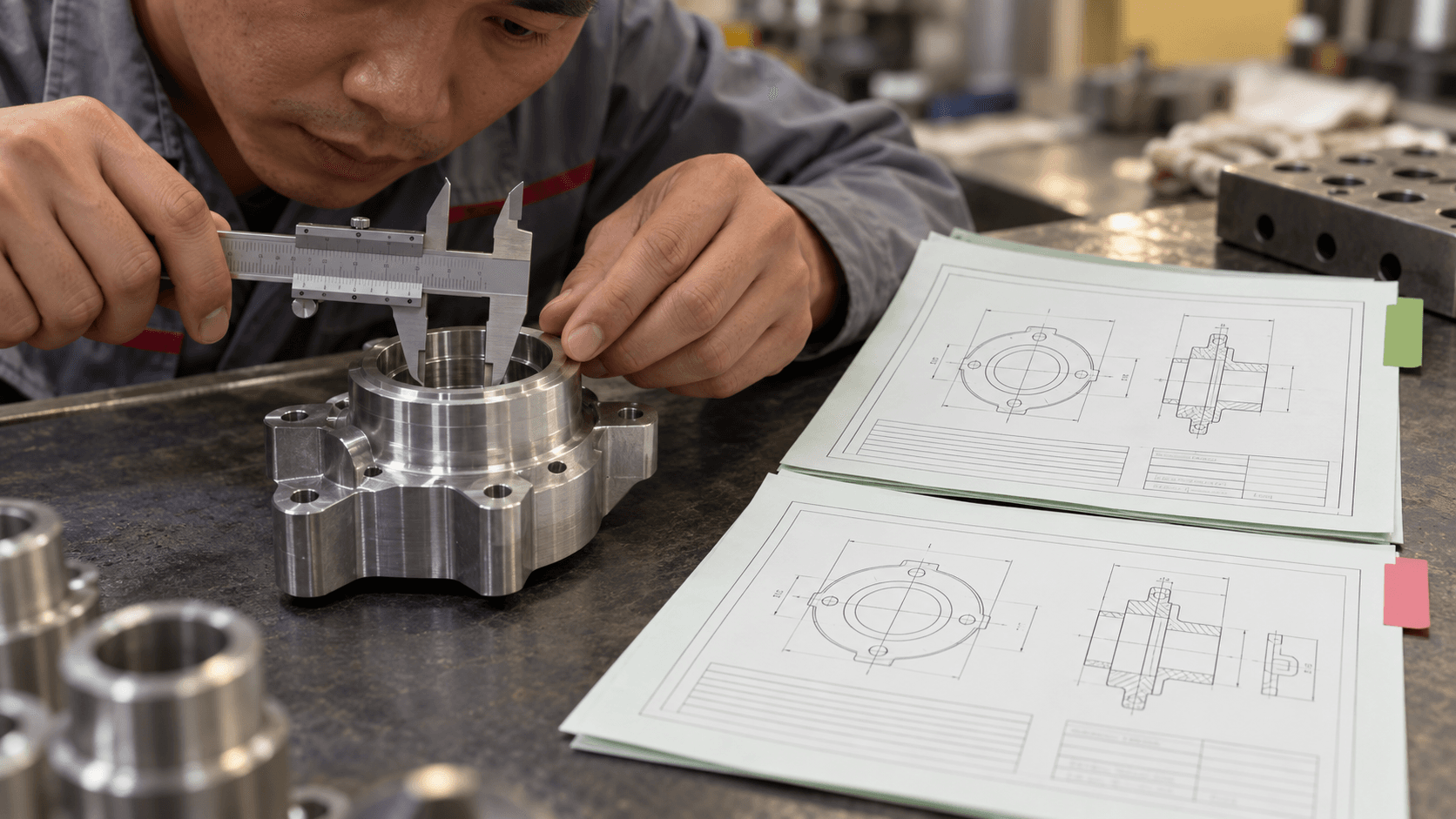 Technician measuring a metal part beside two revision-marked specification sheets