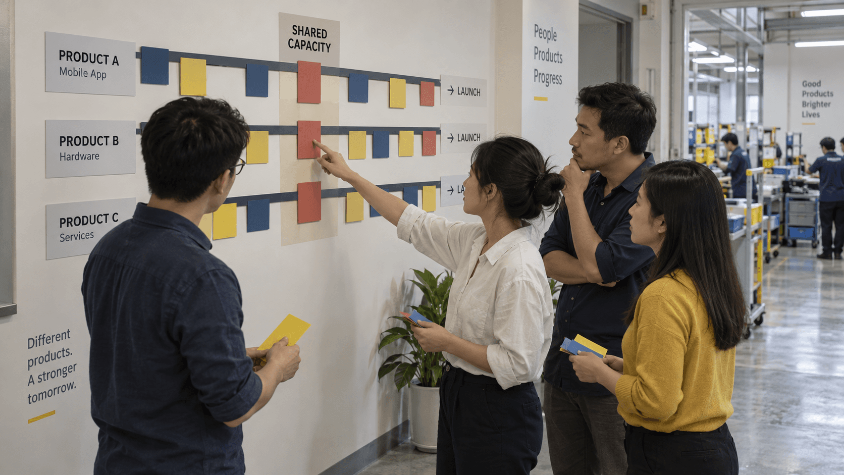 Vietnamese colleagues coordinating colour cards across three launch tracks