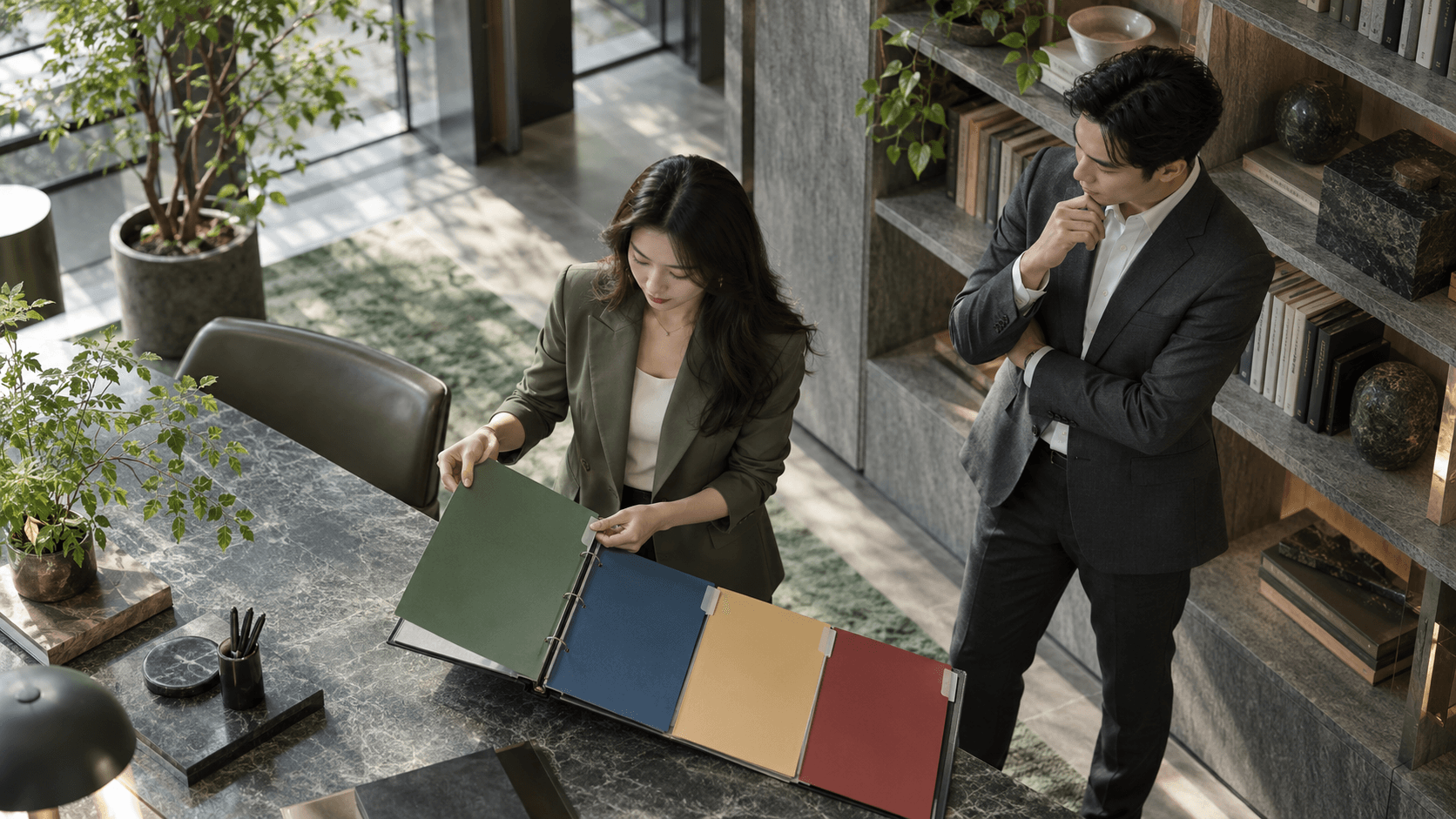 Account manager arranging coloured company folders beside a colleague