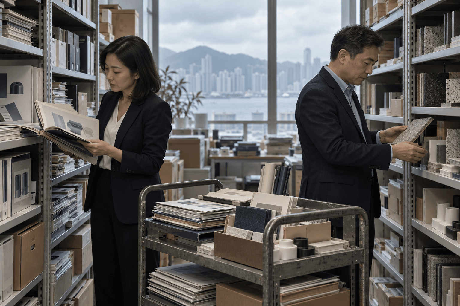 Two business owners reviewing brochures and samples in an archive aisle