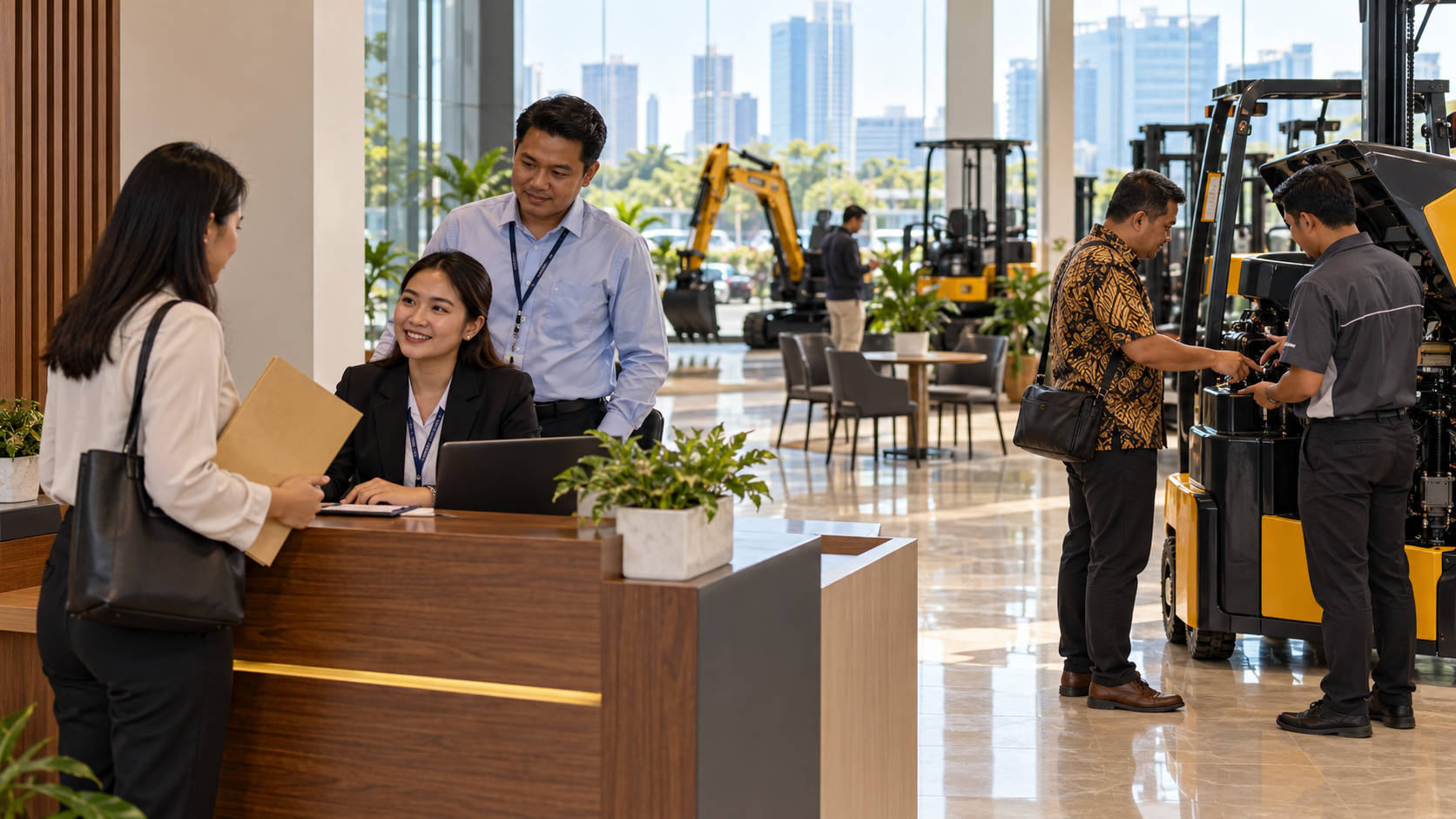 Visitor holding a folder at reception while a buyer inspects showroom equipment
