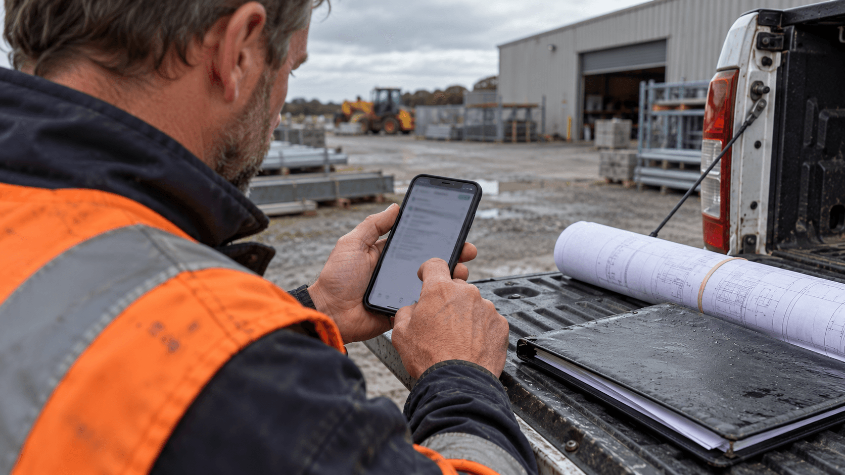 Engineer using a phone beside technical drawings on a vehicle tailgate