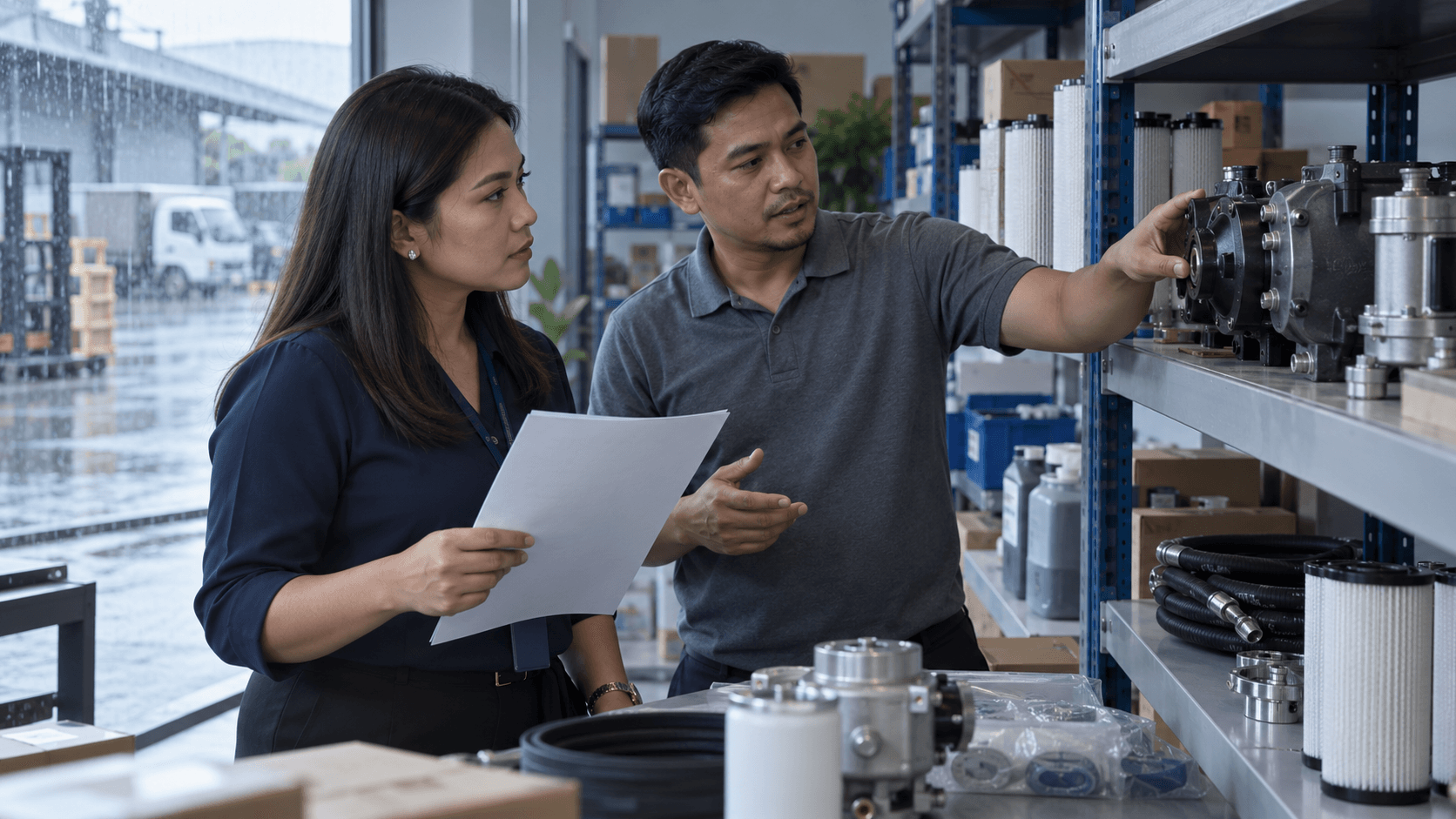 Supplier explaining components to a procurement manager holding a quotation