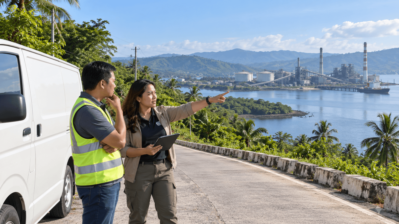 Two service coordinators beside a van assessing a distant industrial site