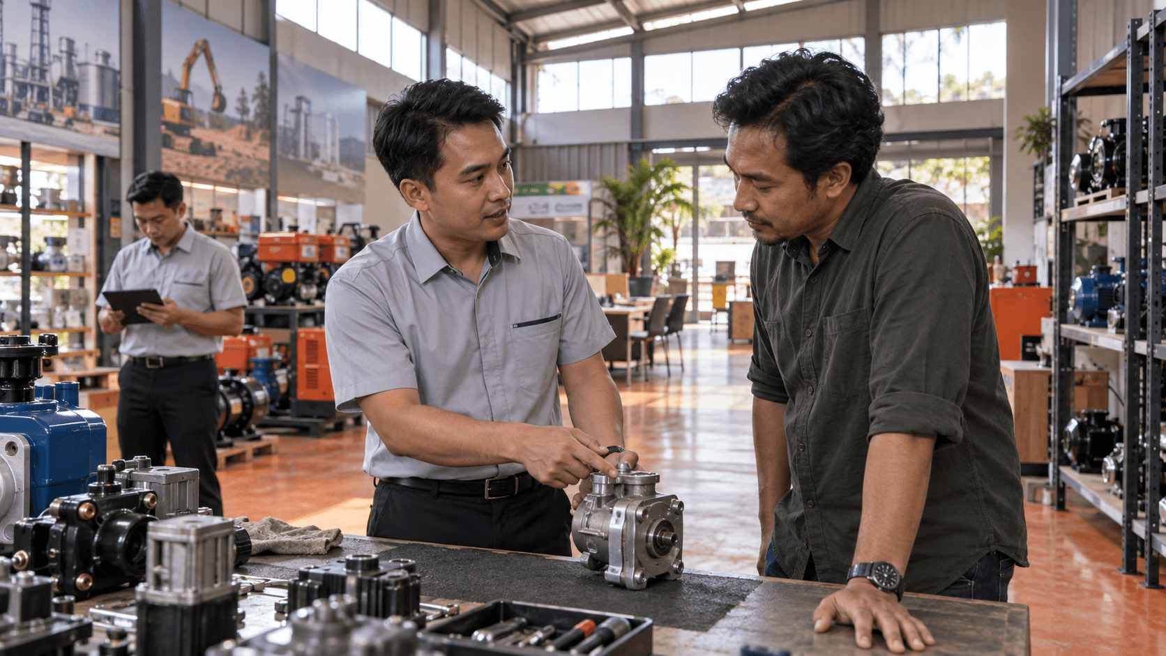 Dealer and buyer examining industrial equipment during a sales conversation