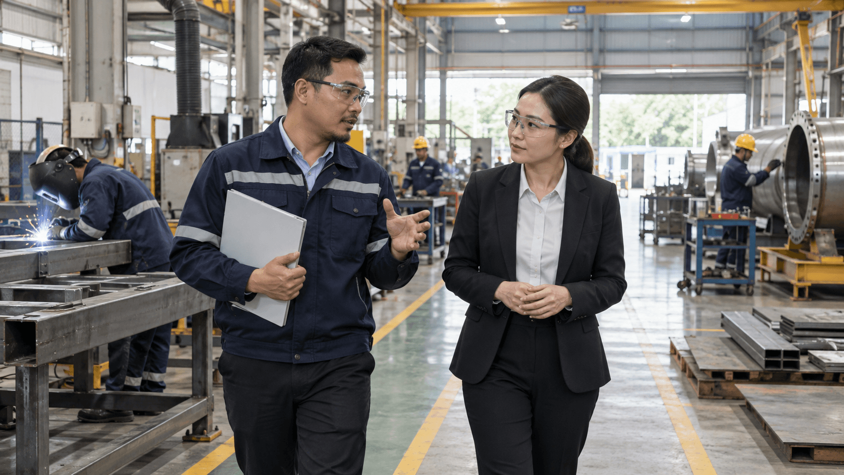 Supplier representative guiding a visitor through a Malaysian fabrication workshop