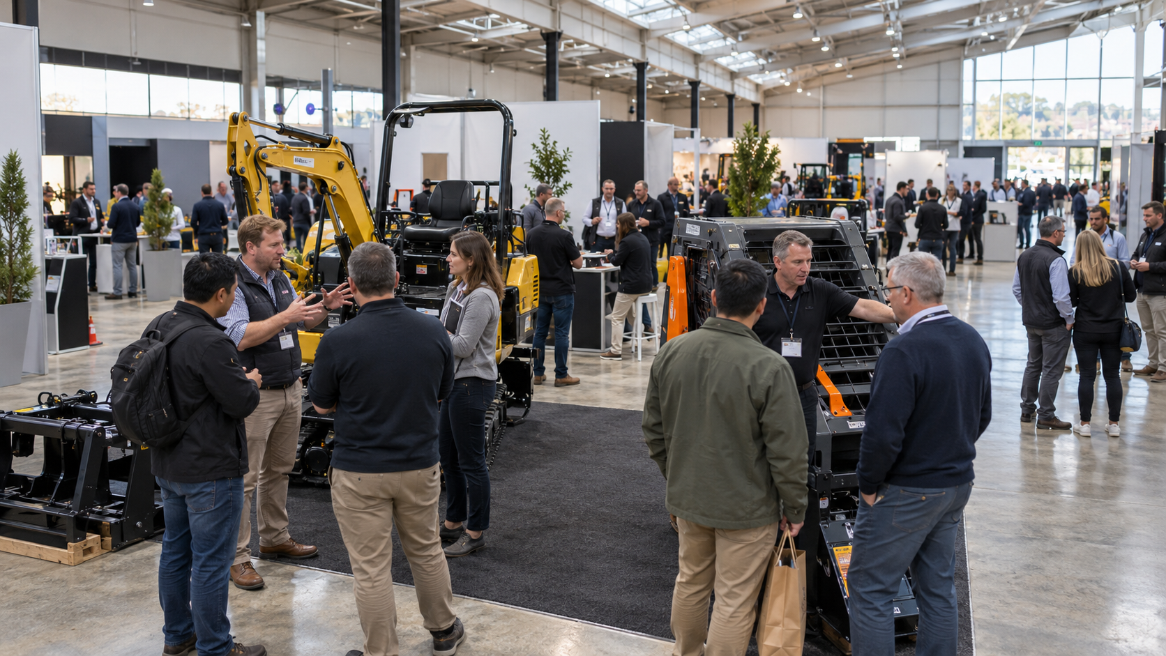 Small groups of trade buyers speaking with machinery exhibitors in an exhibition hall