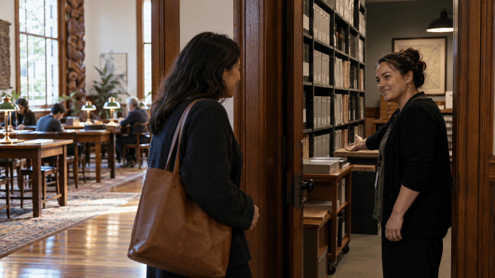 Library employee welcoming a member into an archive beside a public reading room