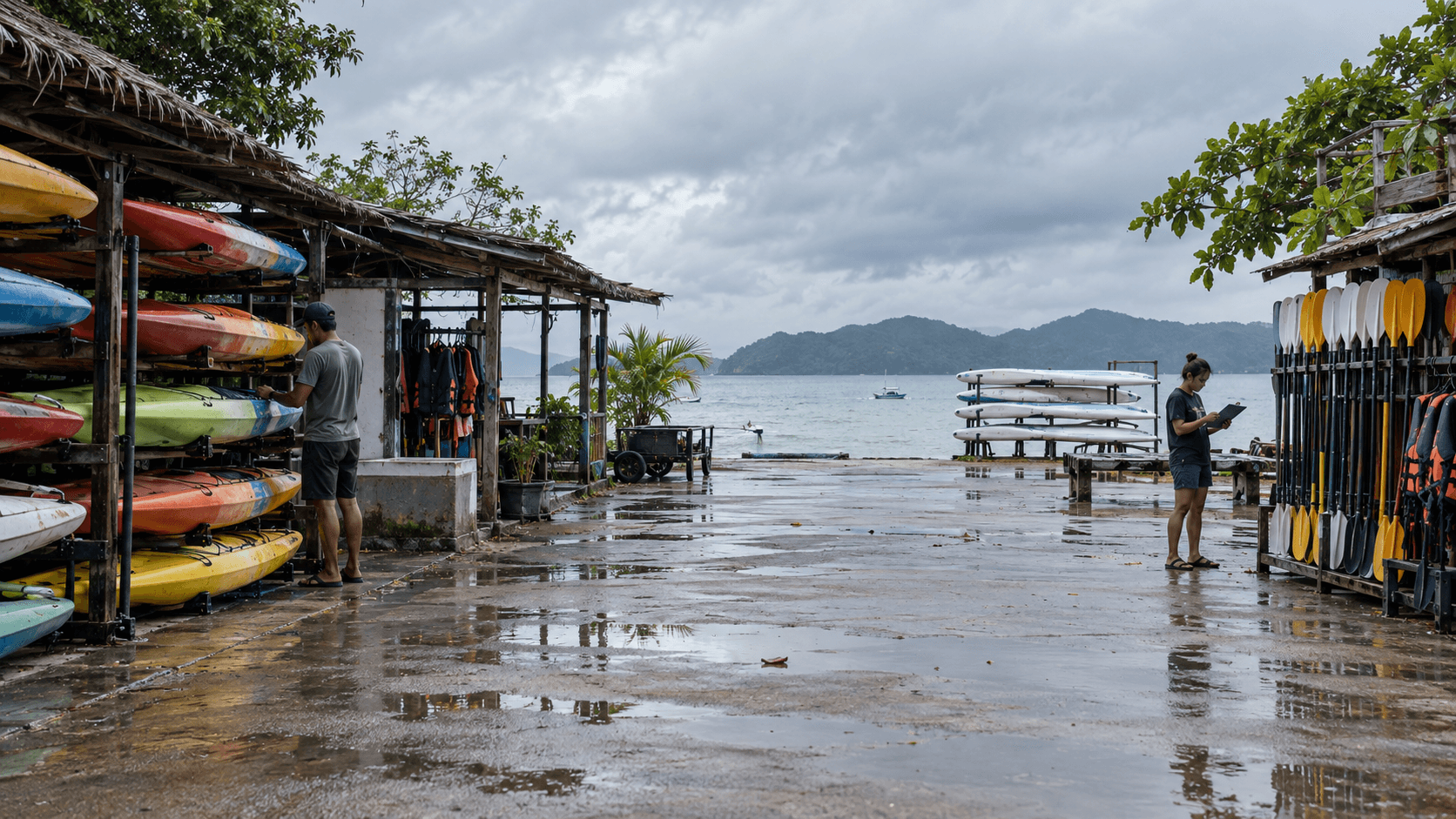 Staff checking stored rental equipment beside a quiet coastal courtyard after rain