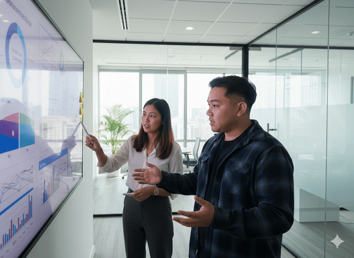 Team members collaborating at a glass whiteboard