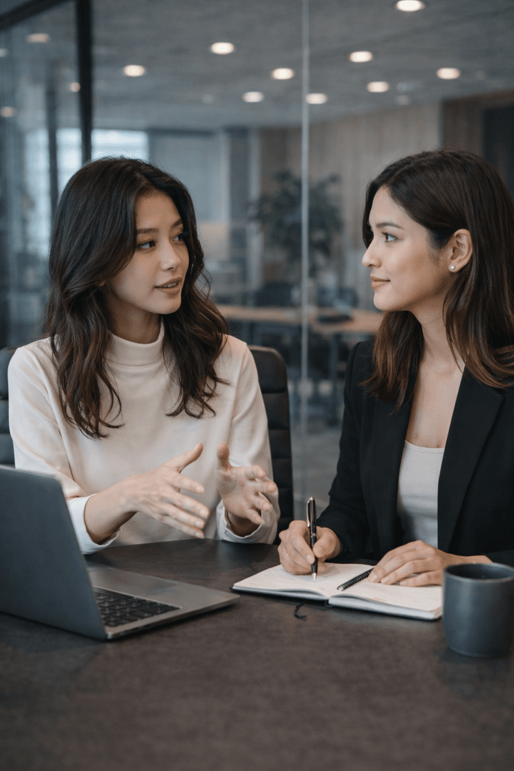 Two professionals discussing strategy at a wooden table