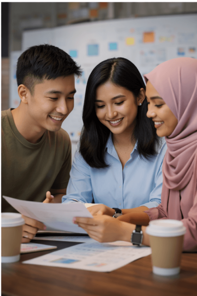 Three colleagues reviewing a growth plan together