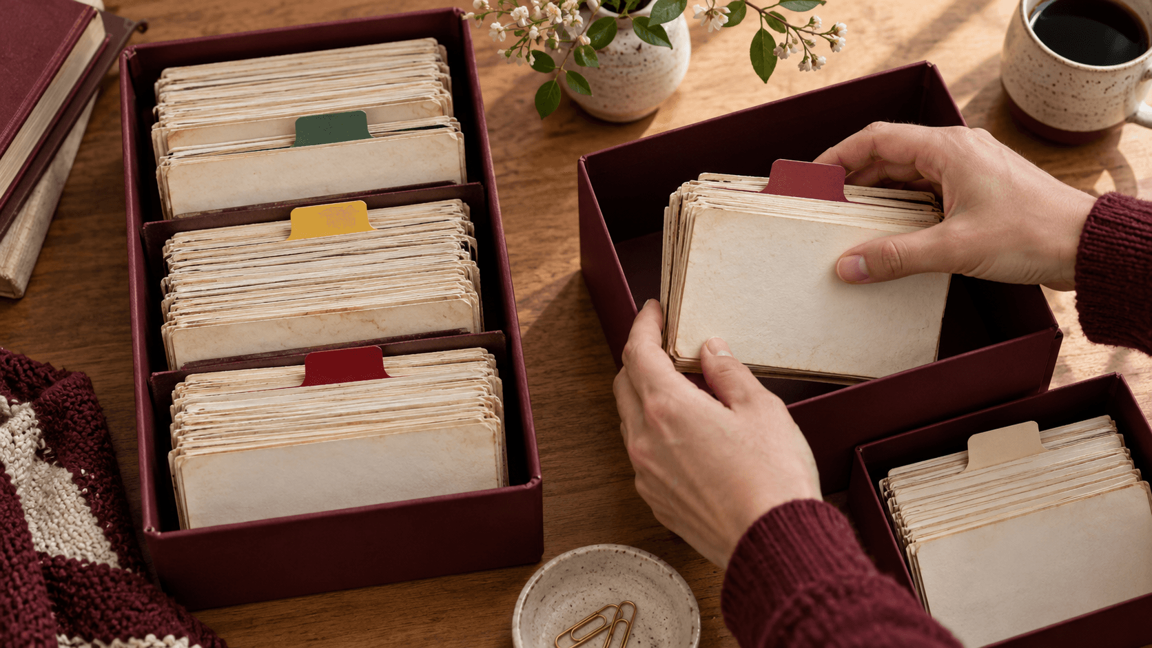 Hands sorting old contact cards into burgundy filing and archive boxes