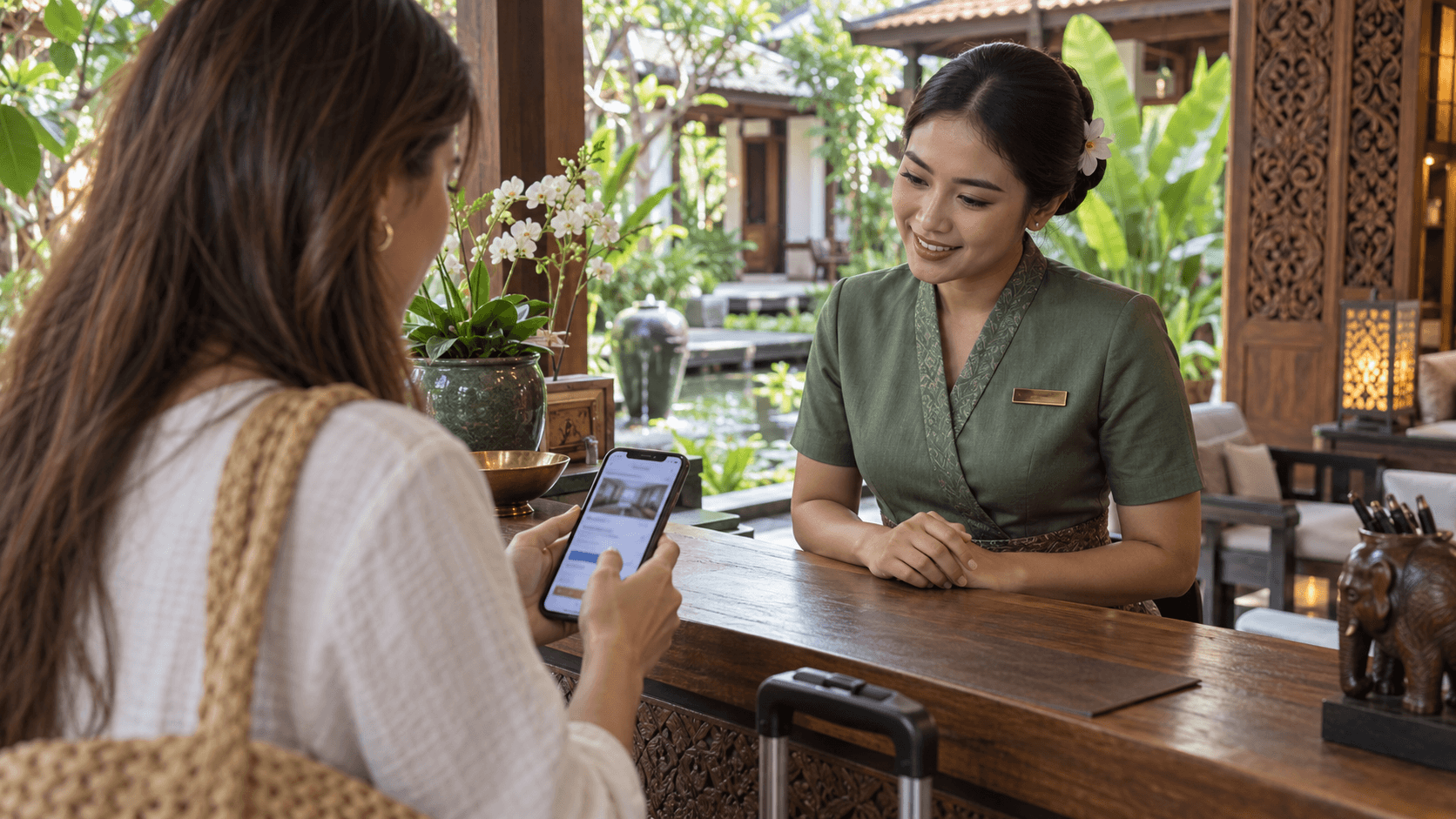 Guest using a phone while a Thai hotel reservations supervisor watches