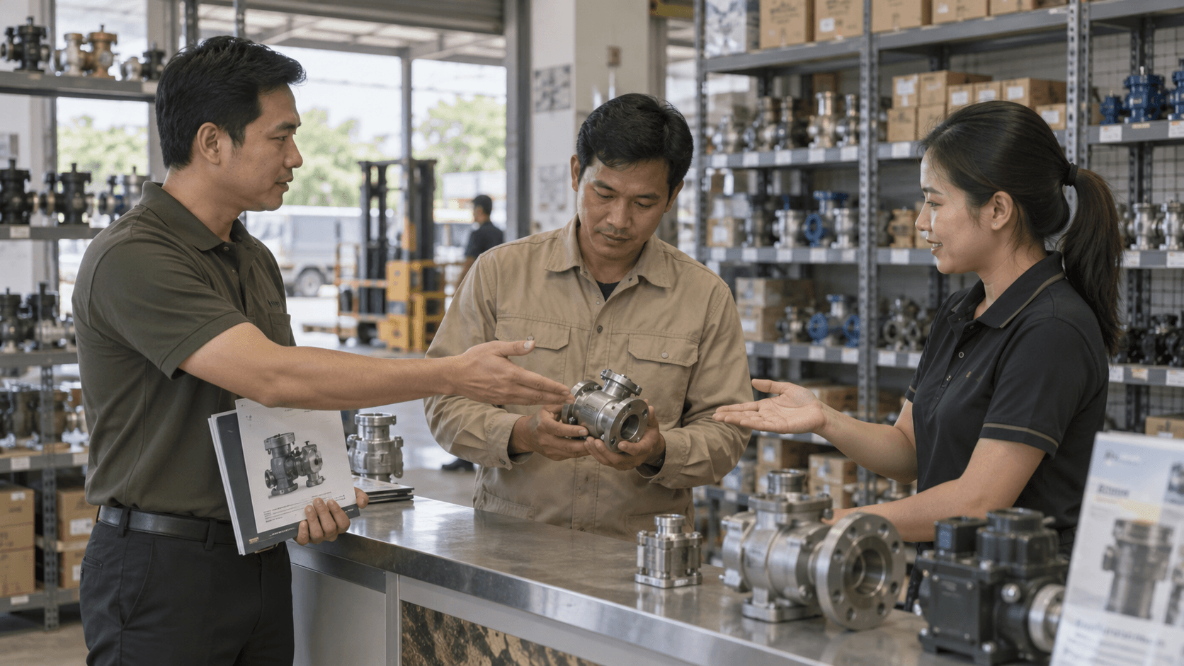 Manufacturer representative, distributor and buyer discussing a valve