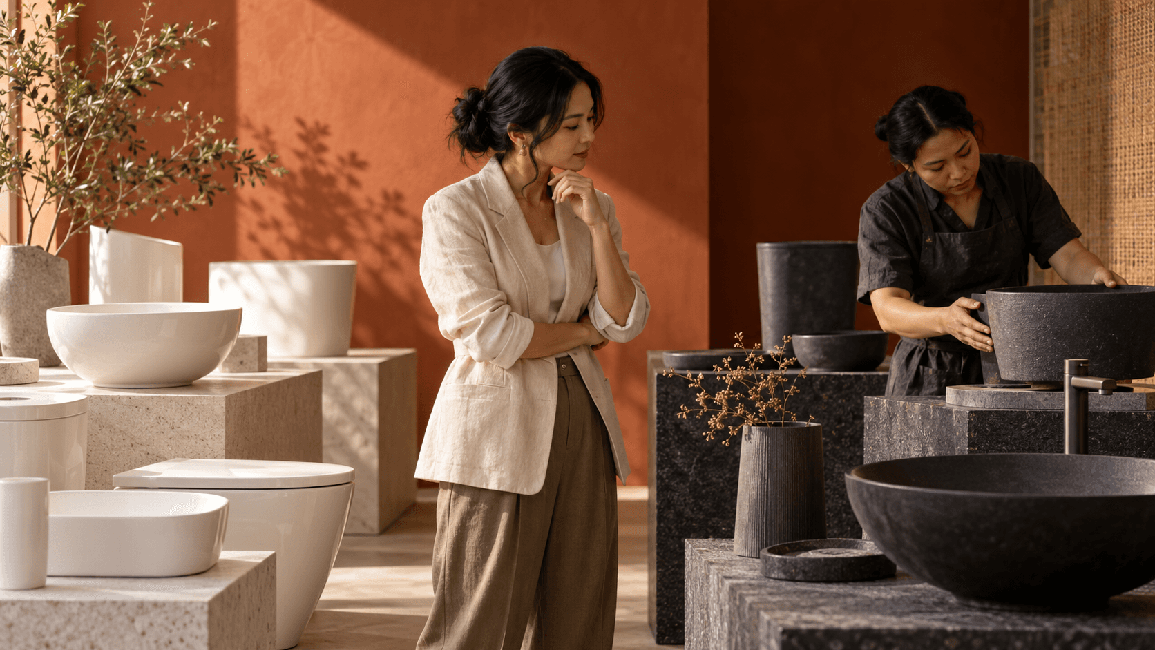 Product director and specialist evaluating everyday and premium ceramic ranges