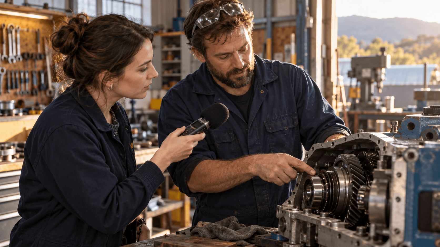 Interviewer recording an engineer explaining an open mechanical assembly