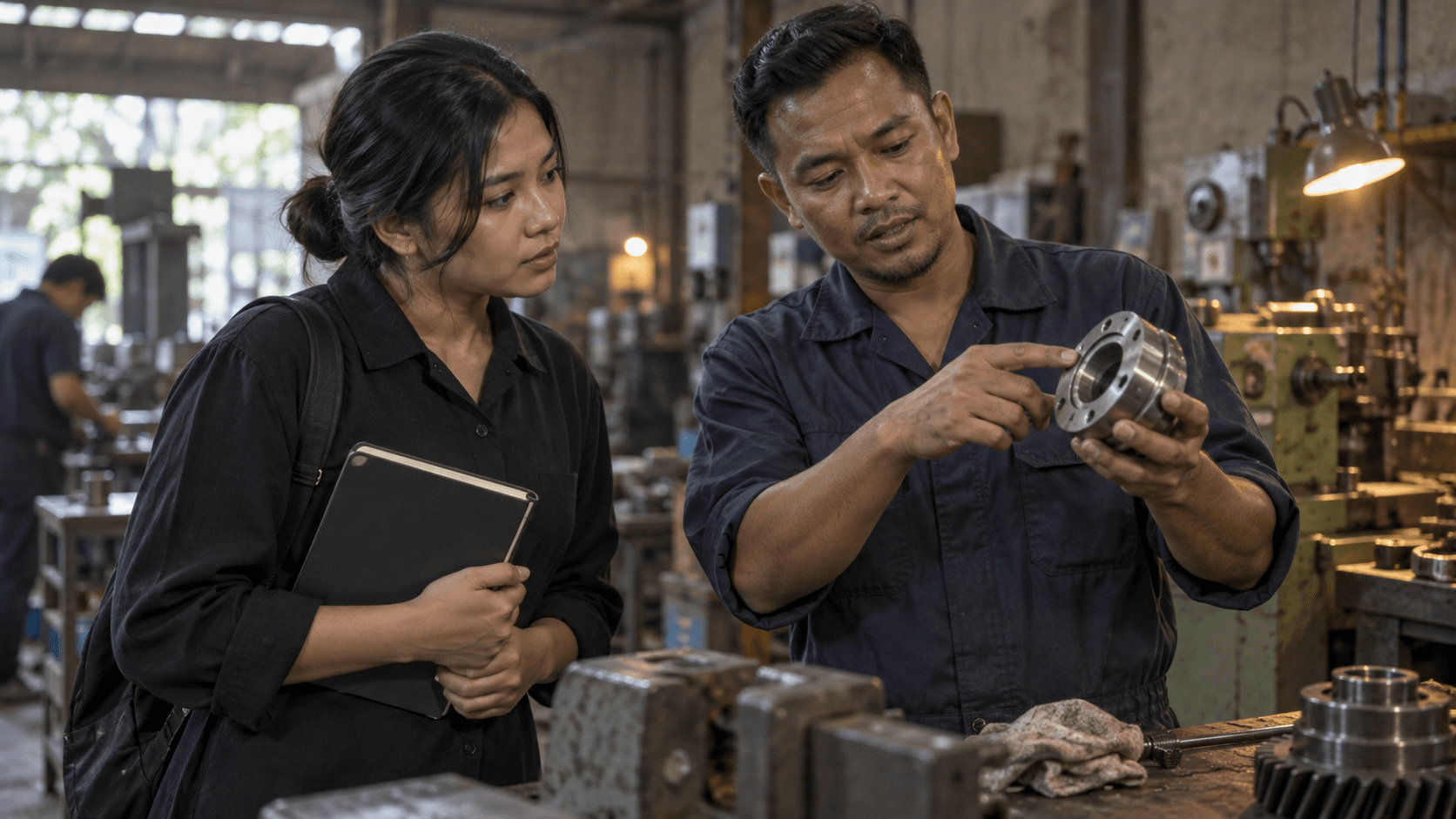 Editor and workshop specialist checking a product claim beside equipment