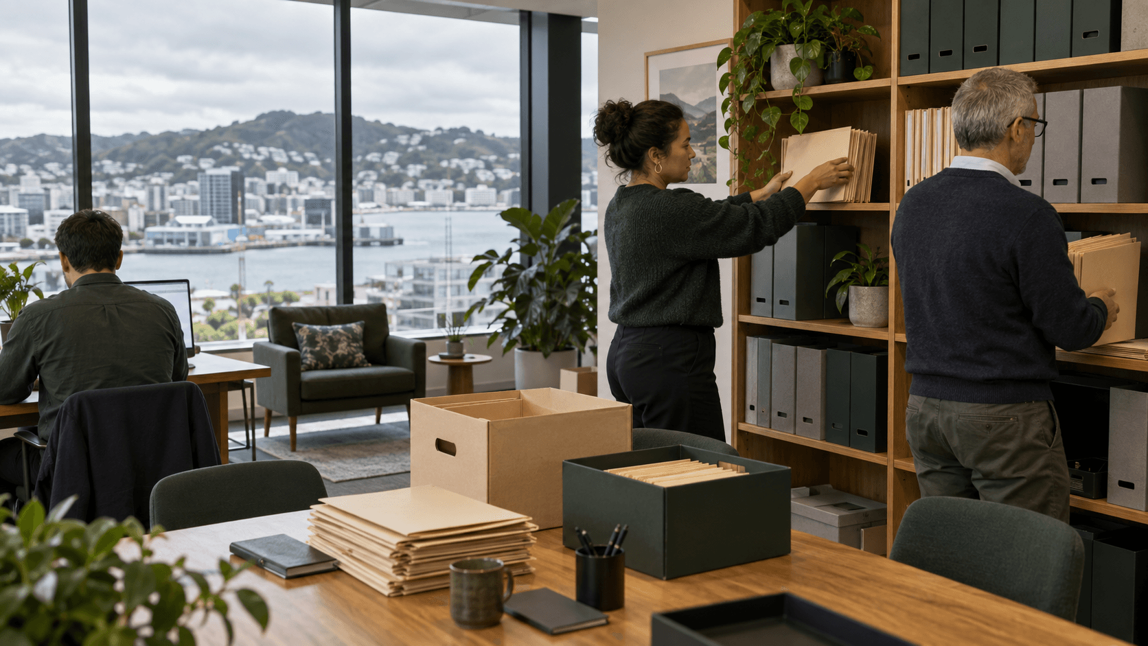 Colleagues combining product samples and folders after a business merger