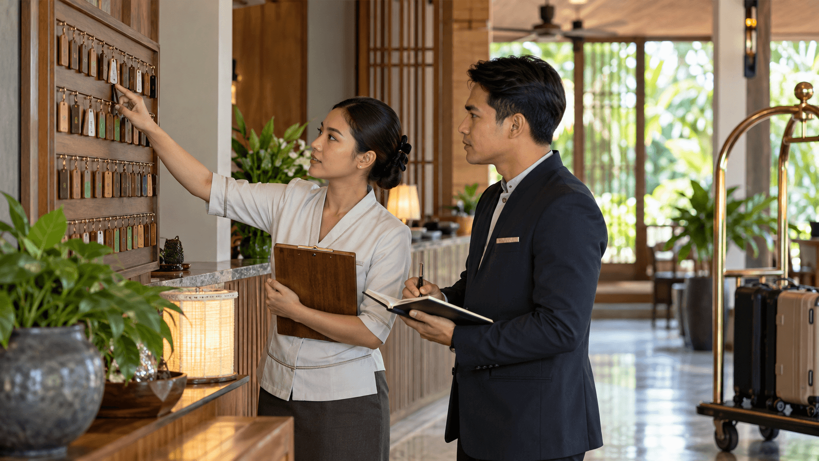 Hotel colleagues checking a room key board at a wooden reception counter