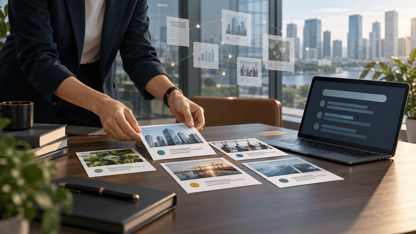 Analyst arranging printed evidence and image cards beside a laptop