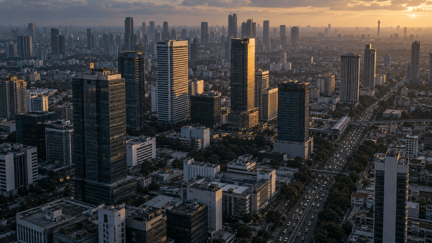 Aerial view of Jakarta business district at sunset