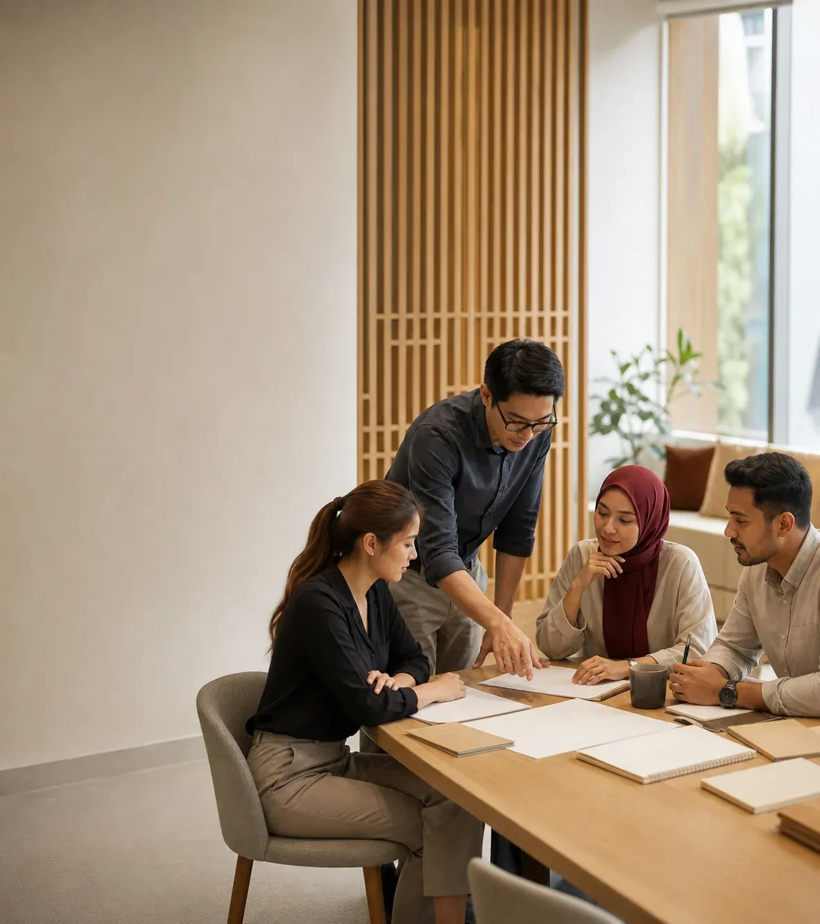 Team collaborating at a shared desk